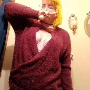 Red furry keyhole sweater